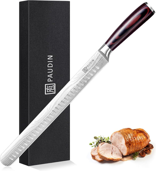 PAUDIN Brisket Knife, 12 Inch Carving Knife Stainless Steel Brisket Slicing Knifes with Granton Edge for Meat Cutting, Roasts, BBQ, Turkey