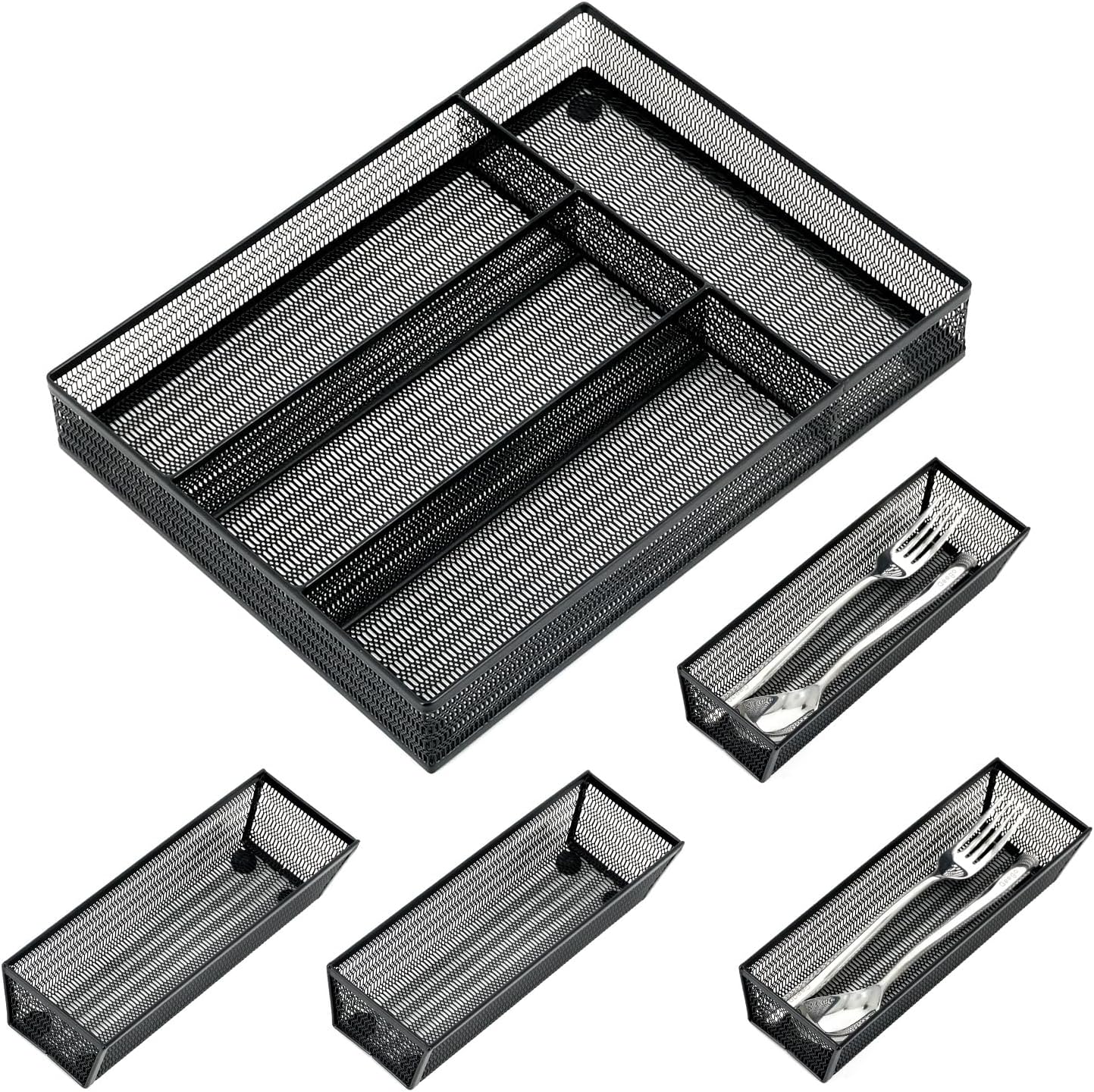 Neudeco Silverware Organizer,Mesh Drawer Organizer for Kitchen，Metal Utensil Organizer for Flatware, Knives, Spoons,Cosmetic (Silver 9 * 3 * 2 inch Pack6)