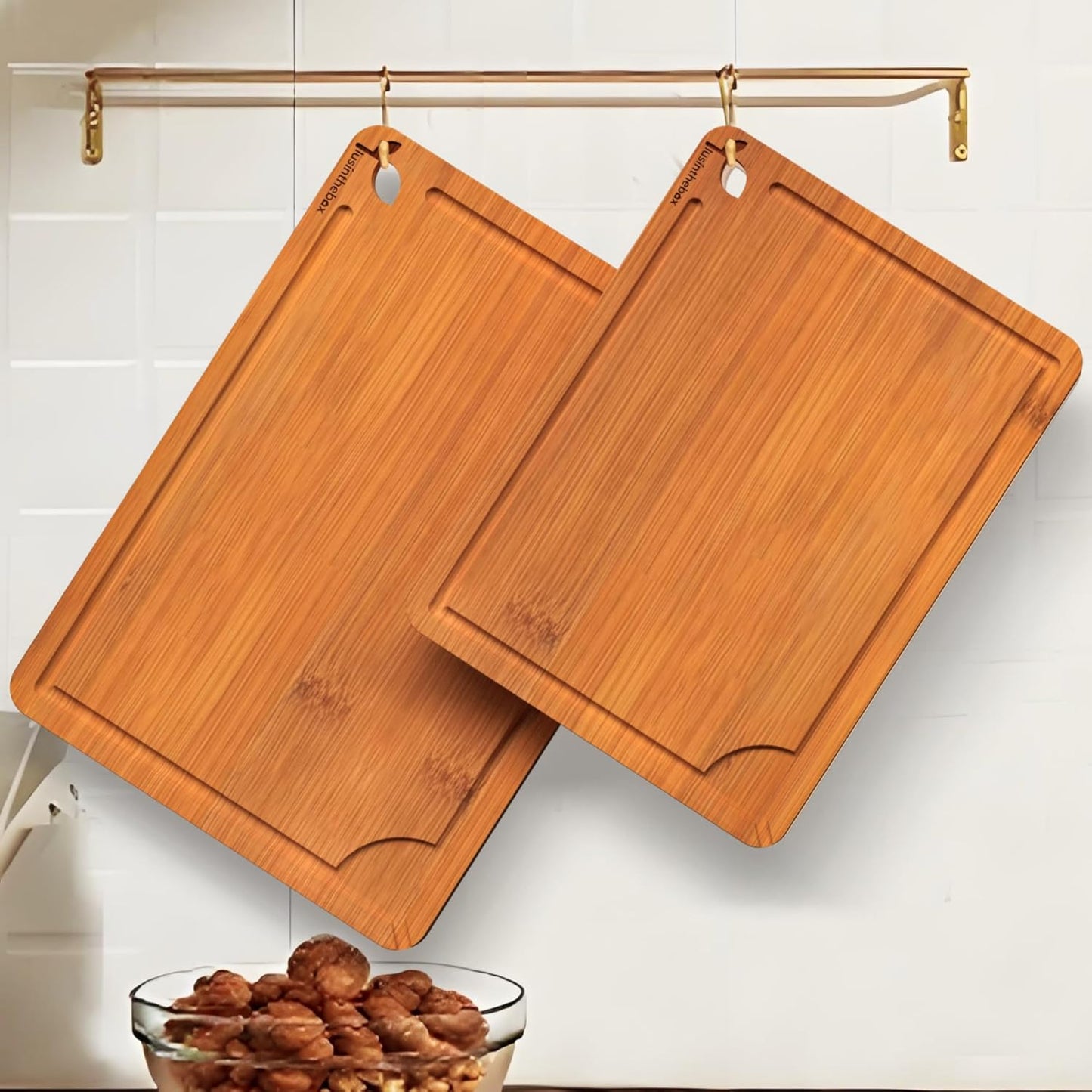 Cutting Boards for Kitchen, Bamboo Cutting Board Set of 3 with Storage Stand, Deep Carbonized Chopping Boards with Deep Juice Grooves and Side Handles for Meat, Vegetables, Fruit and Meal Prep