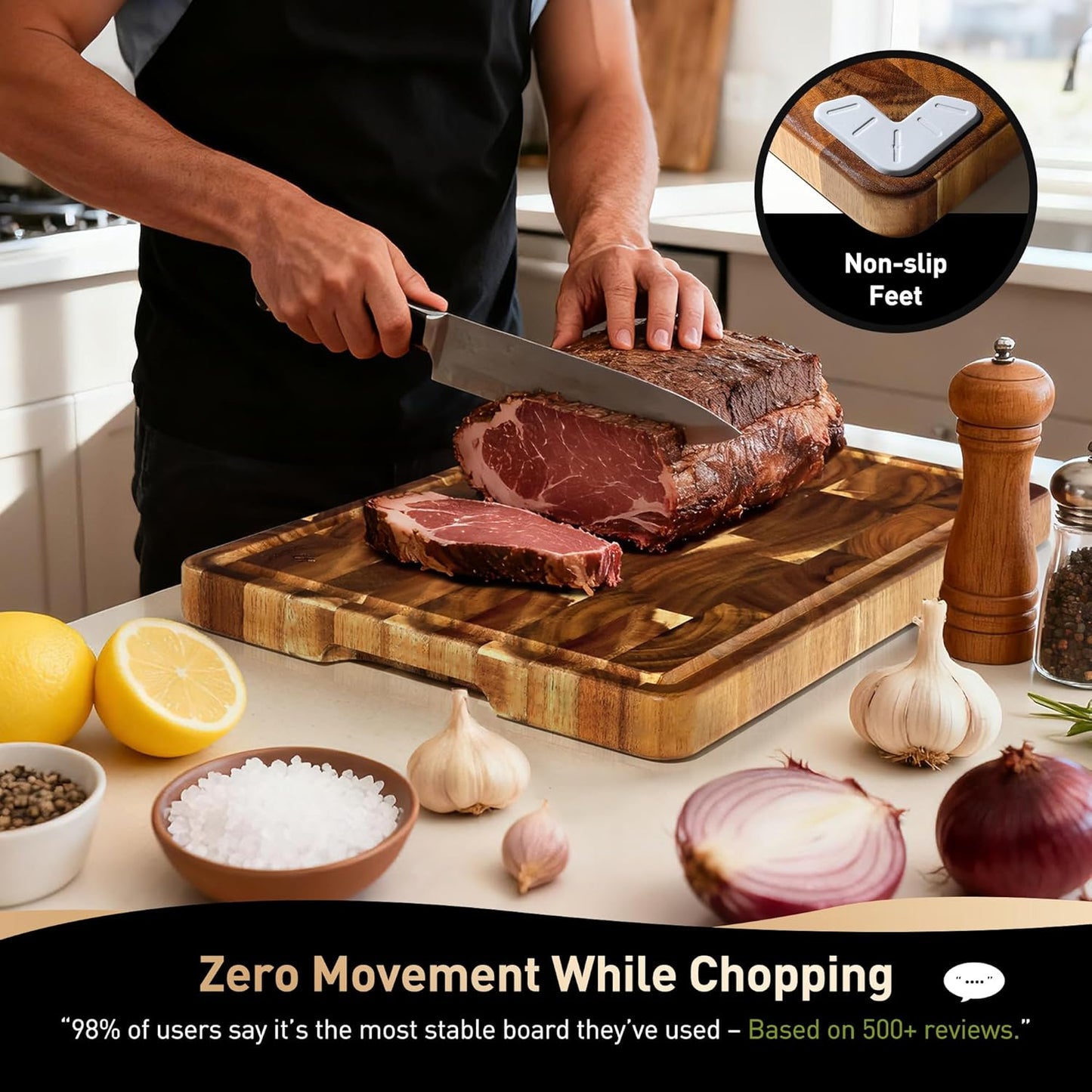 End Grain Cutting Board for Kitchen with Non-slip Feet, Acacia Wood Heavy Duty Checkered Cutting Board Upgraded Chopping Board with Juice Groove & Handle Large Wooden Butcher Block with Gift Box