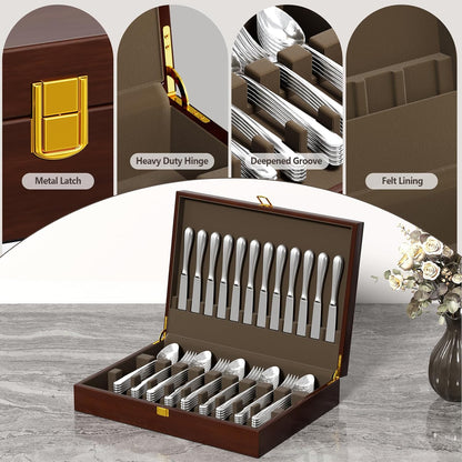 Solid Walnut Silverware Storage Box, 2-Layer Silverware Chest with Drawer, Flatware Case with Lid and Felt Lined, Wood Flatware Storage Box Holds 12-16 Sets of Utensils, Wedding Housewarming Gifts