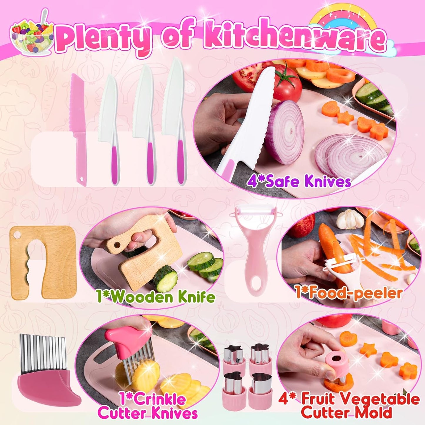 9 Pcs Kids Safe Knife Set for Real Cooking, Kids Kitchen Knife Set with Cutting Board,Crinkle Cutter,Sandwich Cutter, Montessori Kitchen Tools for Toddlers Kid 3-10 Years Old Girl Boy Birthday Gifts
