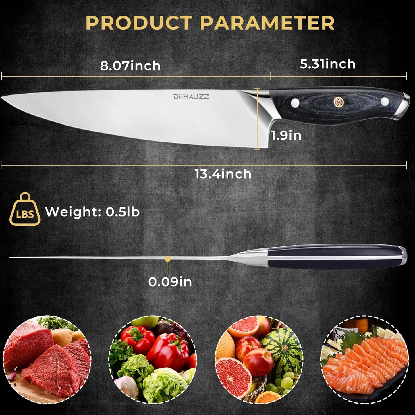 DiiHAUZZ Brisket Knife, 12 Inch Carving Knife for Meat, Razor Sharp High Carbon Steel, Full Tang Ergonomic Pakkawood Handle Slicing Knives for Roast Beef, BBQ, Turkey, Grilling Gift for Men