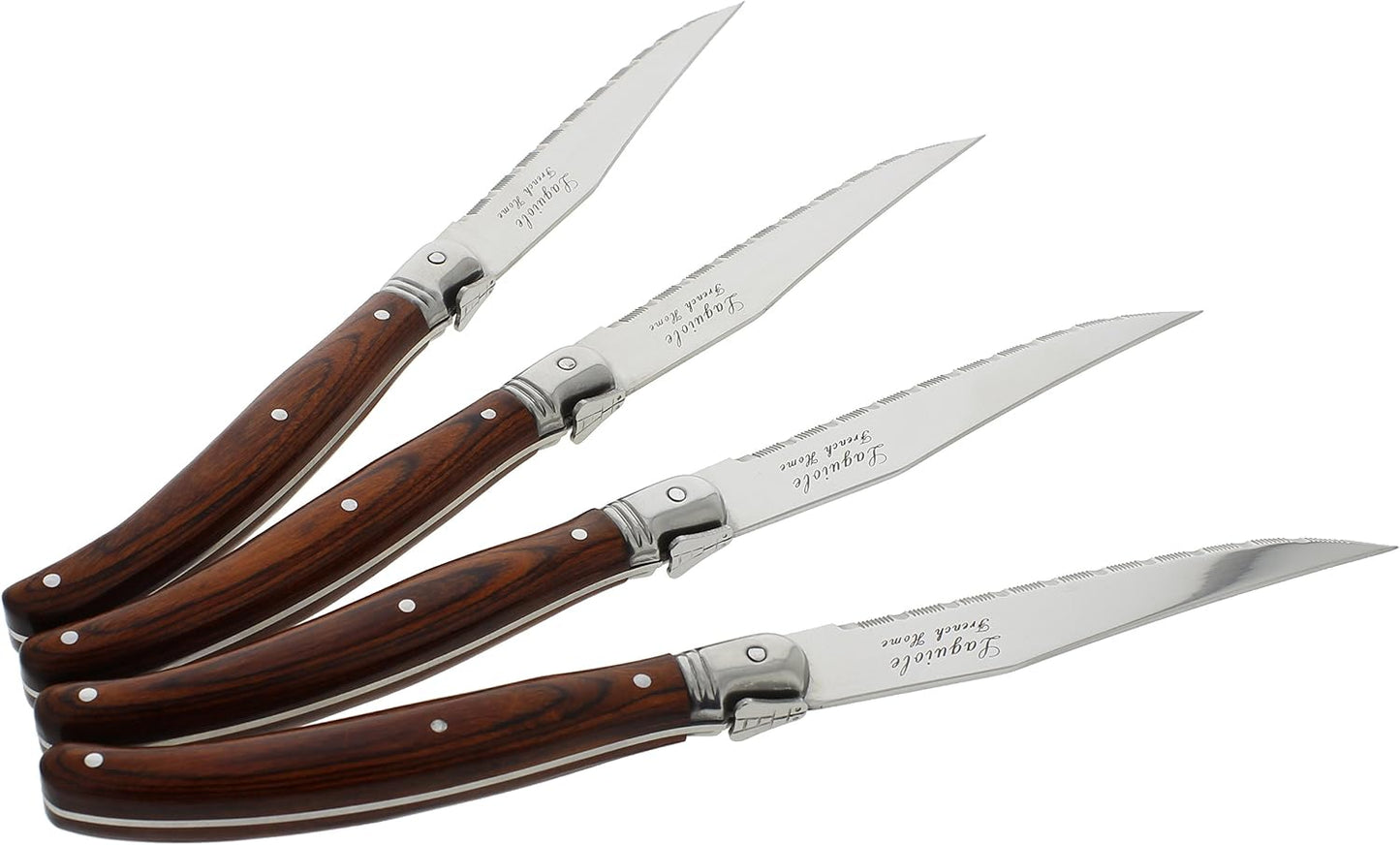 French Home Laguiole 4-Piece Steak Knife Set – Sophisticated Stainless Steel Dinner Knives with Navy Blue Handles & Iconic Bee Emblem – Serrated Knives for Smooth Cutting (9.25")