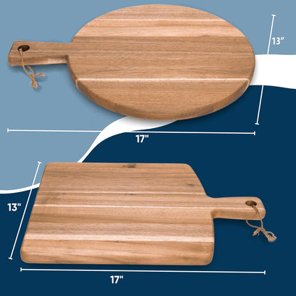 KOLWOVEN Acacia Wood Cutting Board 2 Pack with Handle, Wooden Charcuterie Board Large Paddle Carving Chopping Board Set, Serving Tray for Cheese Meat Fruit Pizza Bread Baking