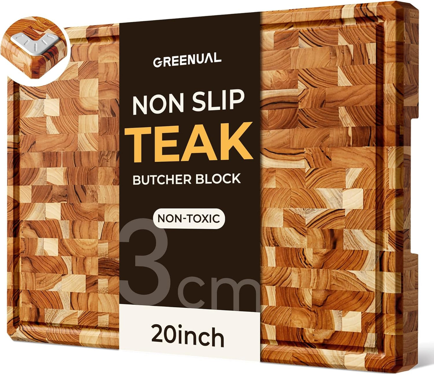 Teak Wood Cutting Boards for Kitchen, Butcher Block End Grain Checkered Wooden Cutting Board with Juice Groove Hardwood Chopping Charcuterie Board Non Toxic for Cheese & Vegetables Over Sink Solid 14"