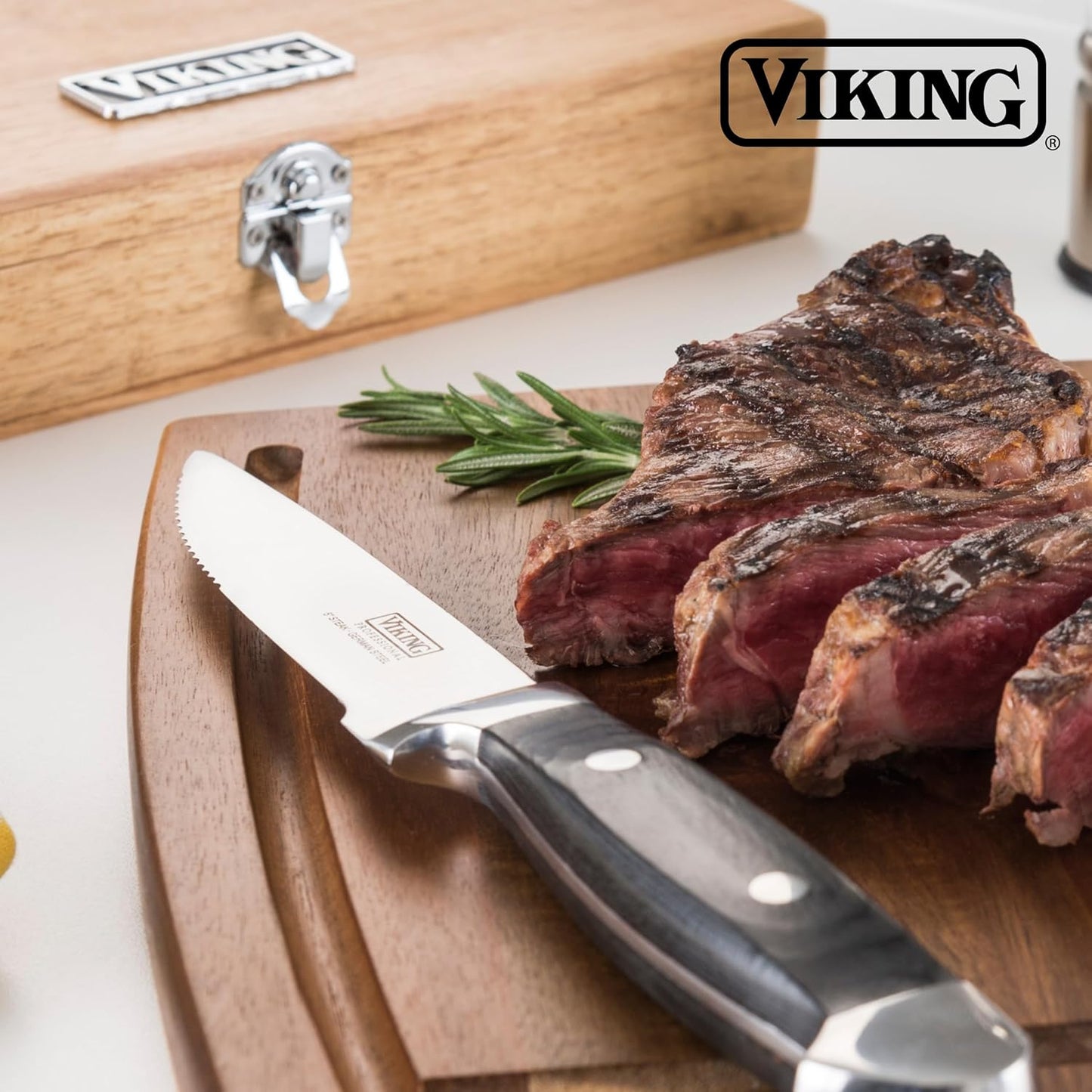 Viking Steak Knife Set, 6-Piece German Stainless Steel Knives with Pakkawood Handles and Wooden Box, Hand Wash Only, Red
