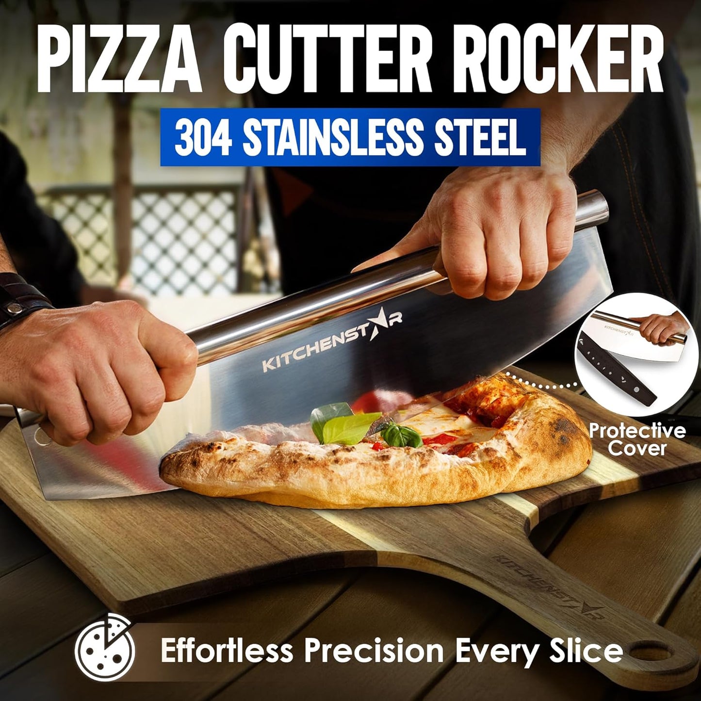 KitchenStar 12-Inch Pizza Cutter Rocker Blade - Sharp Stainless Steel Slicer Knife, Protective Cover, Dishwasher Safe, Small - Professional Pizza Oven Accessories