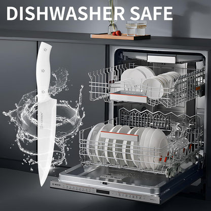 15-Piece White Kitchen Knife Set with Built-in Sharpening Stone, Ergonomic Triple Rivet Fixed Handles, Dishwasher Safe