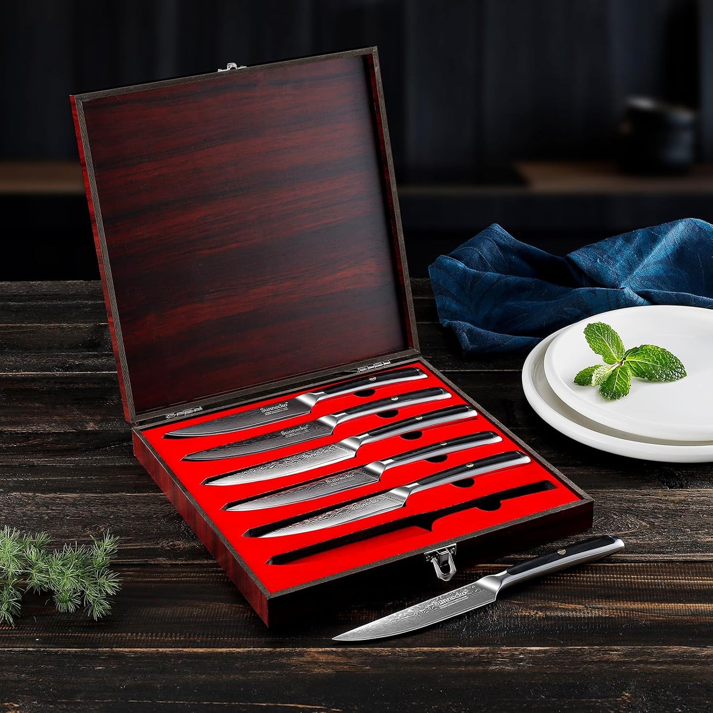 Sunnecko Damascus Steak Knife Set Non Serrated, Japanese VG10 Stainless Steel Steak Knife Set of 2, 5 Inch Steak Knives G10 Handle with Gift Box