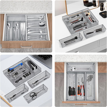 Neudeco Silverware Organizer,Mesh Drawer Organizer for Kitchen，Metal Utensil Organizer for Flatware, Knives, Spoons,Cosmetic (Silver 9 * 3 * 2 inch Pack6)