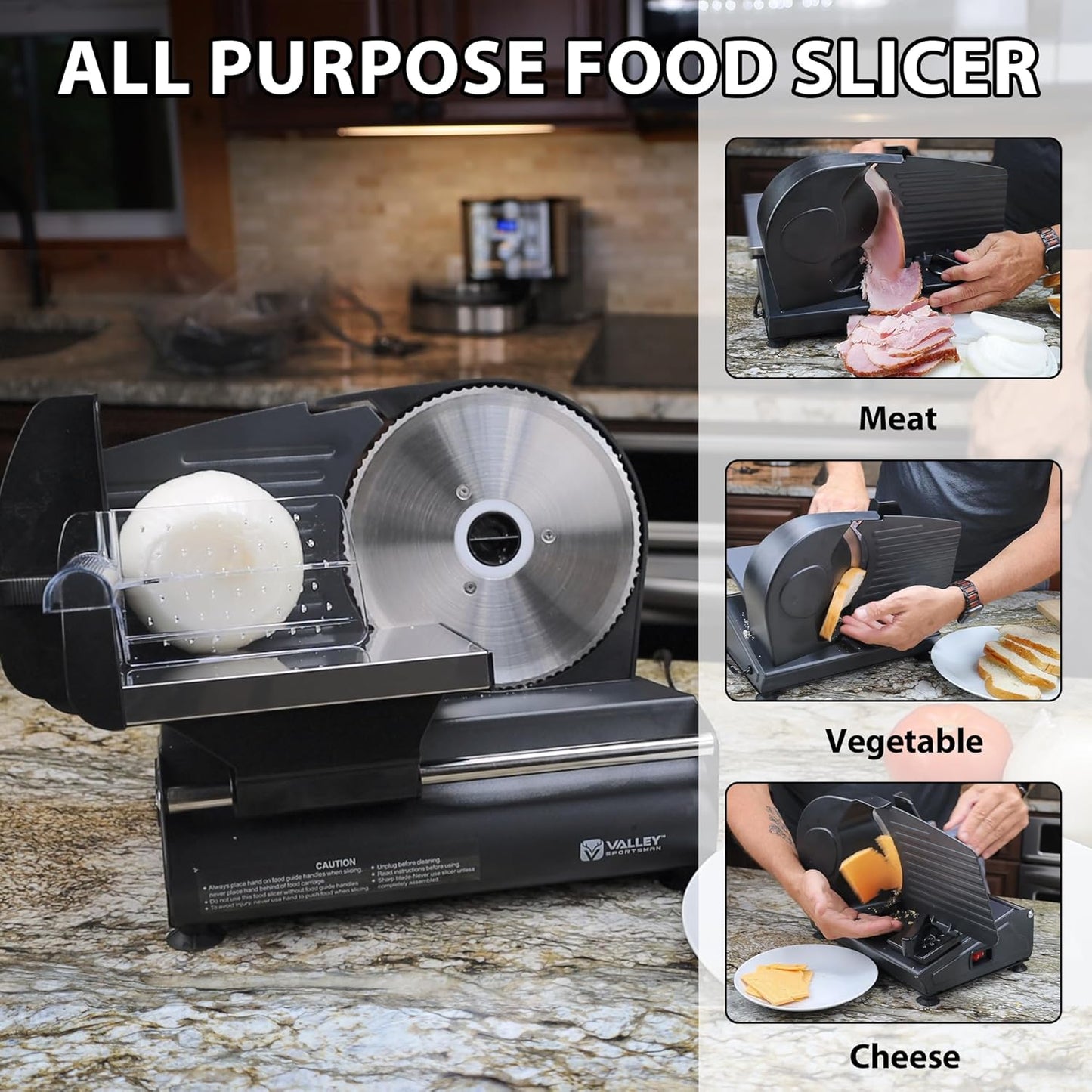 Valley Sportsman Meat Slicer Machine for Home - Electric Deli Meat Slicer with 7.5" Stainless Steel Blade, Adjustable Thickness Food Slicer Cuts Meat, Bread, Cheese, Easy to Clean, Black