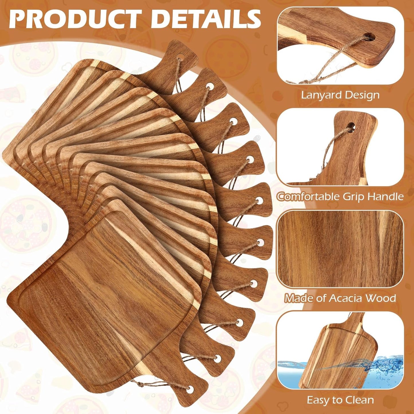Tanlade 16 Pcs Acacia Wood Cutting Board with Handle Chopping Boards Decorative Charcuterie Platter Pizza Bread Cheese Fruit Serving Tray for Kitchen Counter Table Christmas Decorate(14 x 8 Inch)