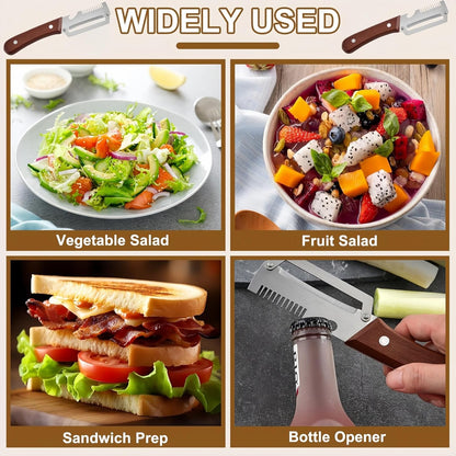 2PCS Multifunctional Vegetable Peeler, Upgrade 3-in-1 Wooden Handle Peelers with Bottle Opener, Premium Stainless Steel Peeler, Fruit Knife for Welsh Onion, Potato, Carrot, Apple, Pumpkin with a Brush