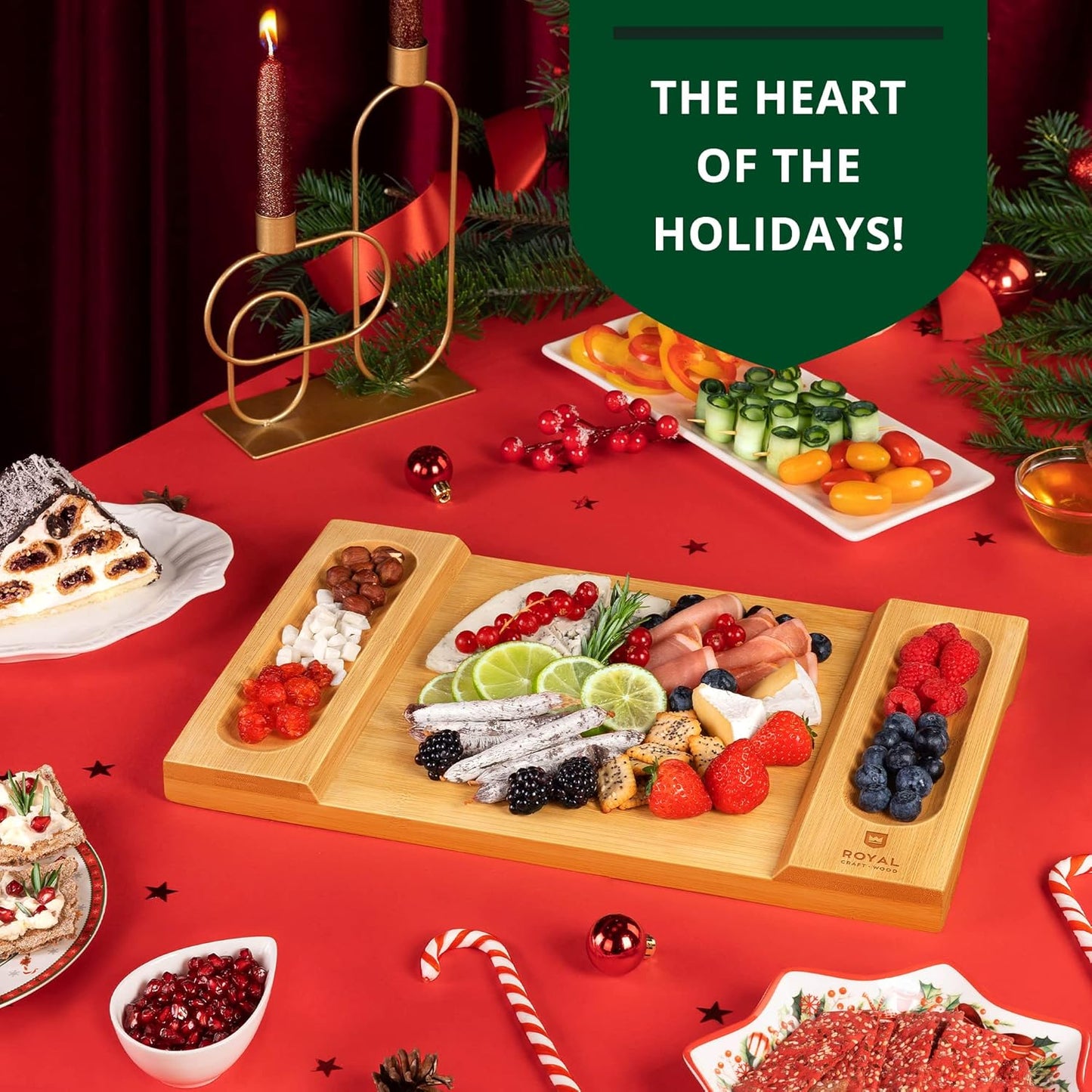 ROYAL CRAFT WOOD Extra Large Cheese Board - Bamboo Cheese Board and Knife Set - Charcuterie Board Set, Charcuterie Platter & Serving Tray