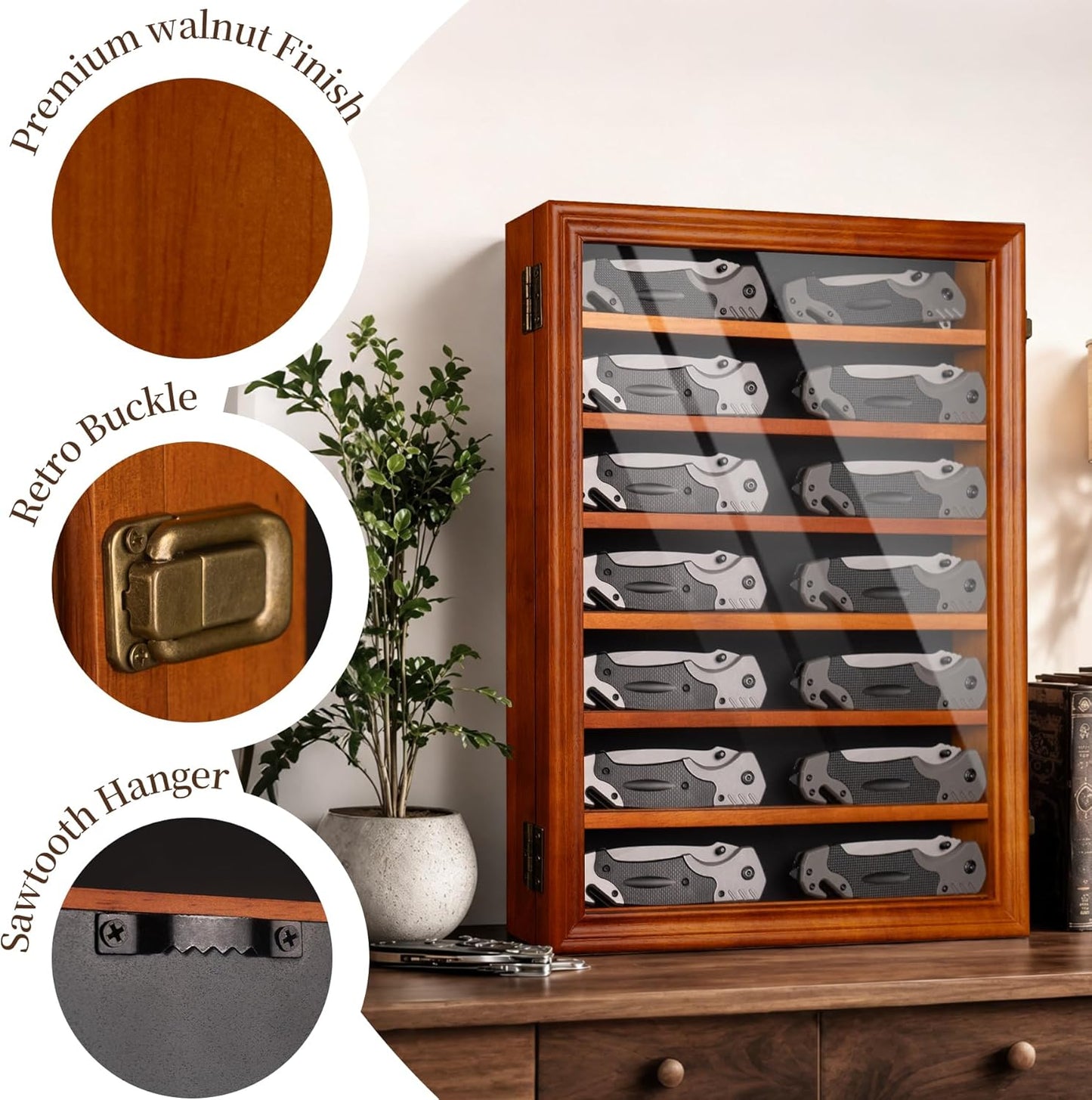 7 Row Knife Display Case for Wall Wooden Folding Knife Storage Stand with HD Tempered Glass & Removable Shelves Military Knife Organizer for Collections - Black