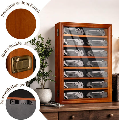 7 Row Knife Display Case for Wall Wooden Folding Knife Storage Stand with HD Tempered Glass & Removable Shelves Military Knife Organizer for Collections - Black