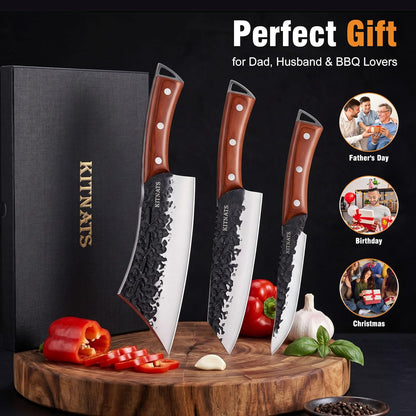 KITNATS Hand Forged Butcher Knife Set, 3PCS BBQ Knife Set with Meat Cleaver, Chef Knife & Boning Knife, High Carbon Steel Cleaver Knife Set for Meat Cutting, Camping, Outdoor Cooking, Gift for Men