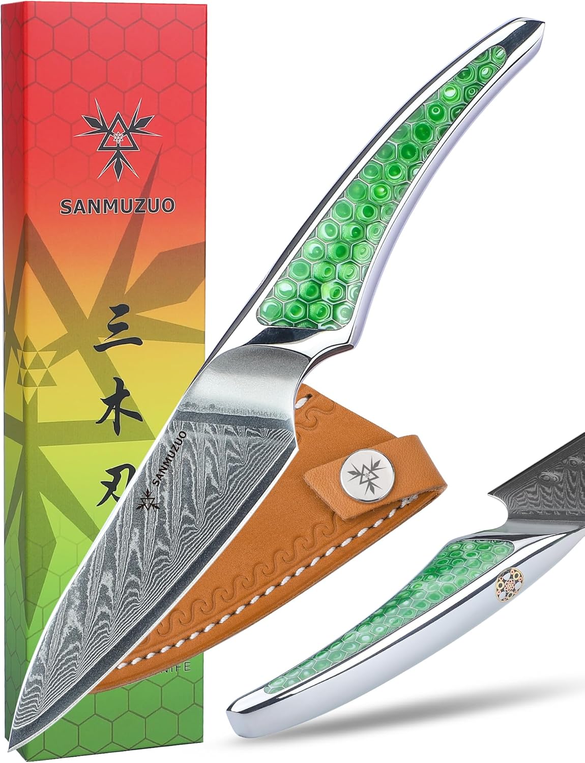 7 inch Nakiri Knife, Japanese VG-10 Damascus Steel Meat Cleaver, Ultra Sharp Vegetable Knife with Full-tang Handle in Green Resin, LA-S9 Series