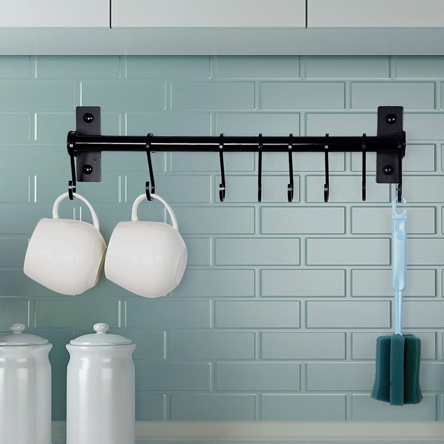 Dseap Kitchen Utensil Holder Hanger, Pot and Pan Rack Wall Mounted, Kitchen Rail with 8 Hooks for Hanging Cooking Utensils, Mugs, Spoons, Wall Mounted, Silver