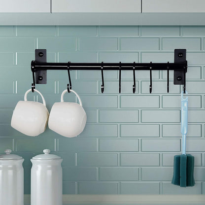 Dseap Kitchen Utensil Holder Hanger, Pot and Pan Rack Wall Mounted, Kitchen Rail with 8 Hooks for Hanging Cooking Utensils, Mugs, Spoons, Wall Mounted, Silver
