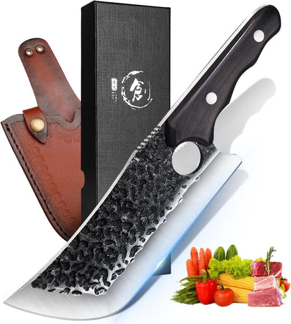 Huusk Chef Knife - Upgraded Viking Hand Forged Meat Cleaver With Sheath - Japanese Butcher Curved Boning Knife for Cutting, Cooking, Kitchen, Outdoor Camping, and BBQ, Gifts for Men Women