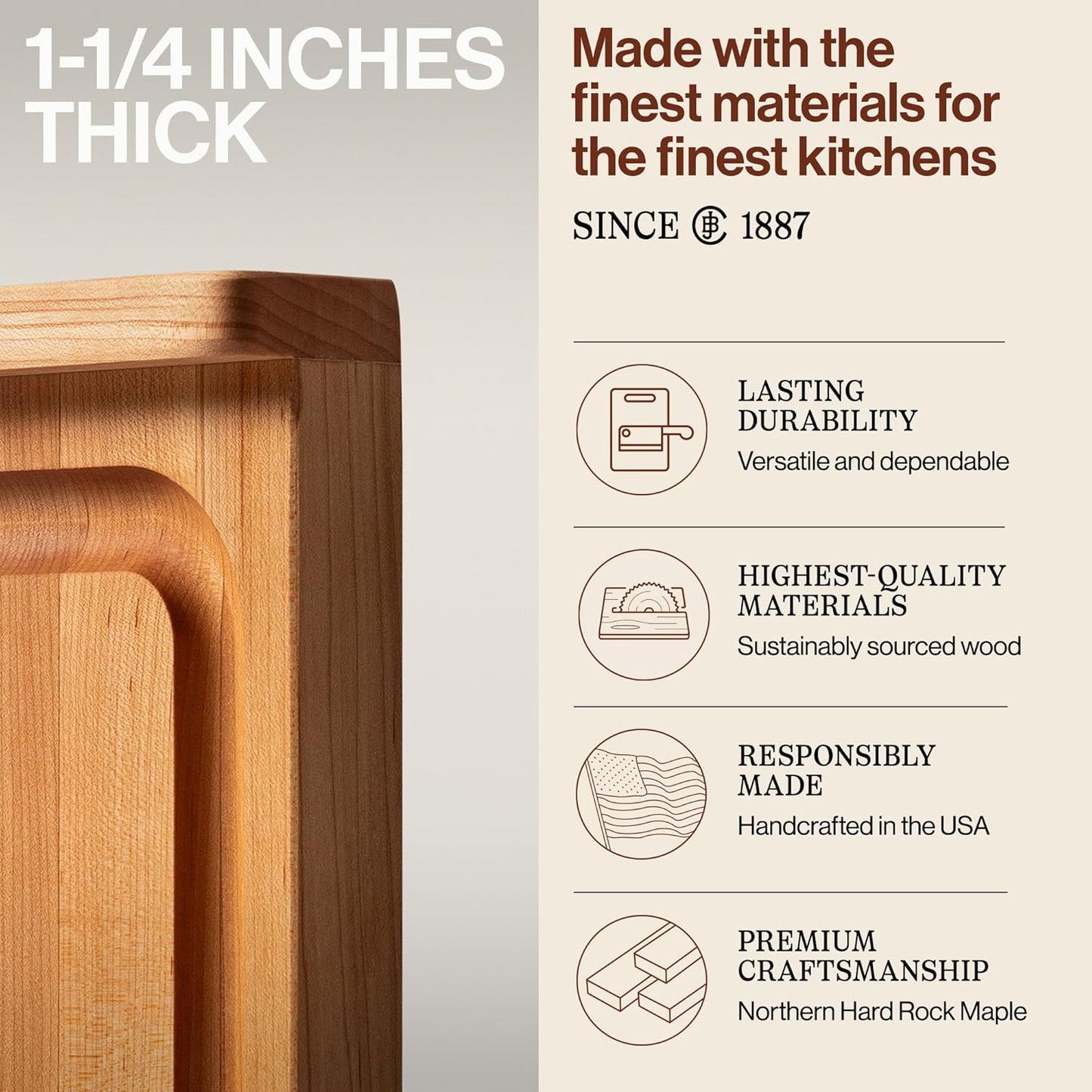 John Boos Countertop Series Rectangular Wooden Maple Cutting Board 17.75”x17.25” – 1.25” Thick, 13-lb Reversible Butcher Block with Juice Groove, Counter Lip & Edge-Grain – Made in the USA