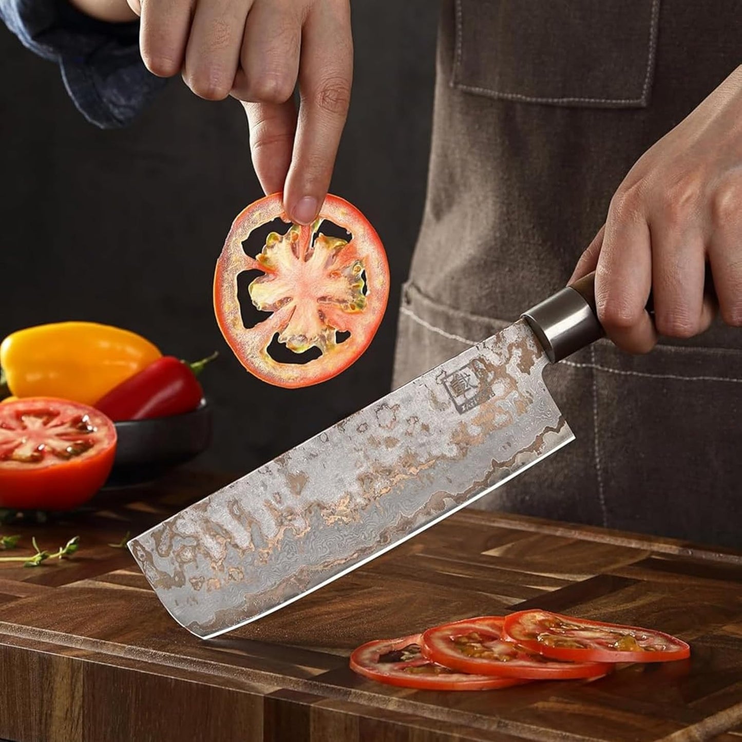 zayiko MysticMagma Nakiri Damascus Knife, 17 cm Blade made of 67 Layers of Damascus Steel with copper and bronze Inlay, DualCurve Handle made of maple root Wood, wooden Box