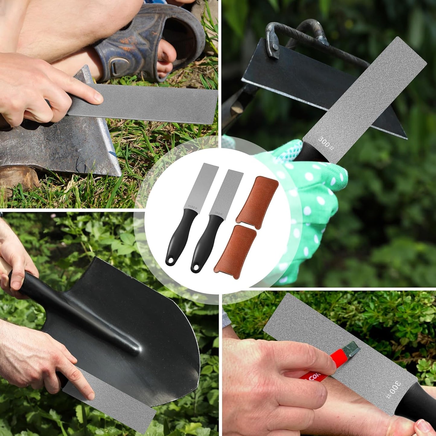 Feekoon 2 Pcs Dual Grit Diamond Sharpening Stone File Coarse 300# /Extra Fine 1000# Grit with Leather Sleeve Garden Tool Blade Sharpener for Knife, Axe, Lawn Mower Blade, Shears, Chisel Spade (Orange)