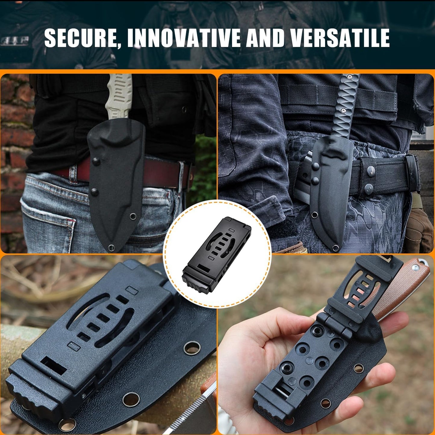 4-Pack Knife Belt Clip Holster Tactical Belt Buckle Kydex Belt Clip Universal Utility EDC Clip Camping Mag Pouches Sheath Tool with Hardware, Knife Clip Black