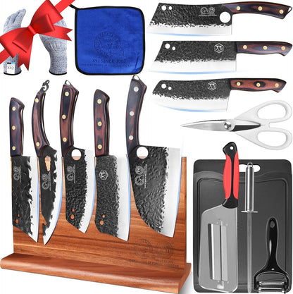 XYJ Full Tang Knives Set with Magnetic Knife Block,Cutting Board,Sharpener Rod,Scissors,Gloves,High Carbon Steel Blades,Knife Block Set,Cleaver Vegetable Butcher Kitchen Knives