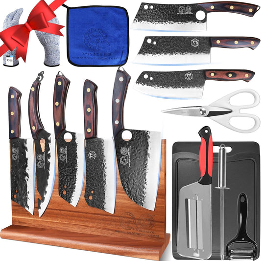 XYJ Full Tang Knives Set with Magnetic Knife Block,Cutting Board,Sharpener Rod,Scissors,Gloves,High Carbon Steel Blades,Knife Block Set,Cleaver Vegetable Butcher Kitchen Knives