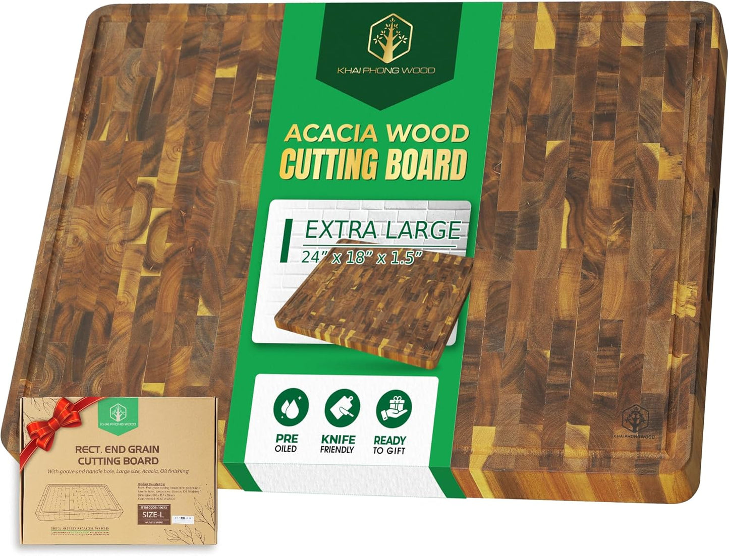 End Grain Acacia Wood Cutting Boards for Kitchen, 1.5 in Thick Butcher Block Construction for Stability, 15 x 10 in Medium Cutting Boards with Gift Box, Juice Groove and Handle