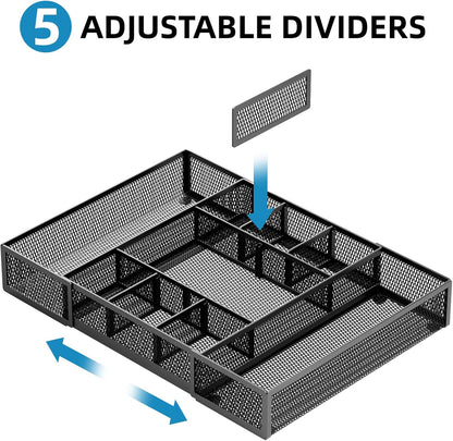 Marbrasse Expandable Desk Drawer Organizer, Mesh Drawer Organizer Tray with 10 Adjustable Compartments, Desk Organizers and Accessories for Office Supplies, Makeup & Vanity (Expandable White-2 pack)