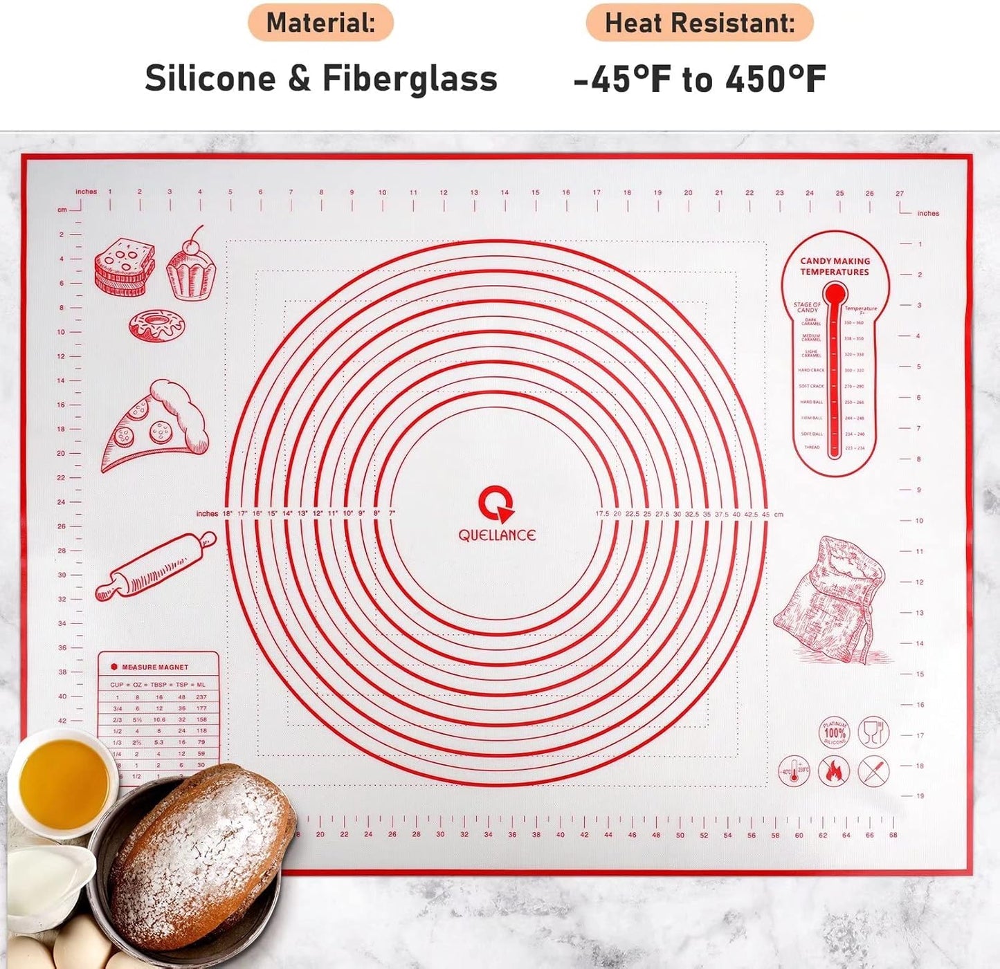 Silicone Pastry Baking Mat Dough - 16x24Inch Large Non Stick Slip Cookie Bread Rolling Mats Sheet, Kitchen Counter Kneading Cooking Board Pad Matt with Measurement for Pie Pizza Cookies Fondant Making