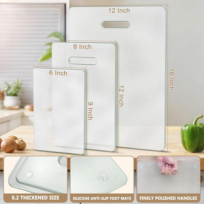 Tempered Glass Cutting Board for Kitchen, 2PCS Clear Chopping Board with Handle (16"x12" & 12"x8"), Plastic Free, Scratch Resistant, Heat Resistant, Dishwasher Safe, Non-toxic, Easy to Clean