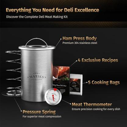 Matiks Deli Meat Press Mold for Deli Meats - Make Your Own Healthy Homemade Ham with This Stainless Steel Lunch Meat Press Maker - Our Ham Maker Includes Bonus Thermometer, Recipes and Cooking Bags