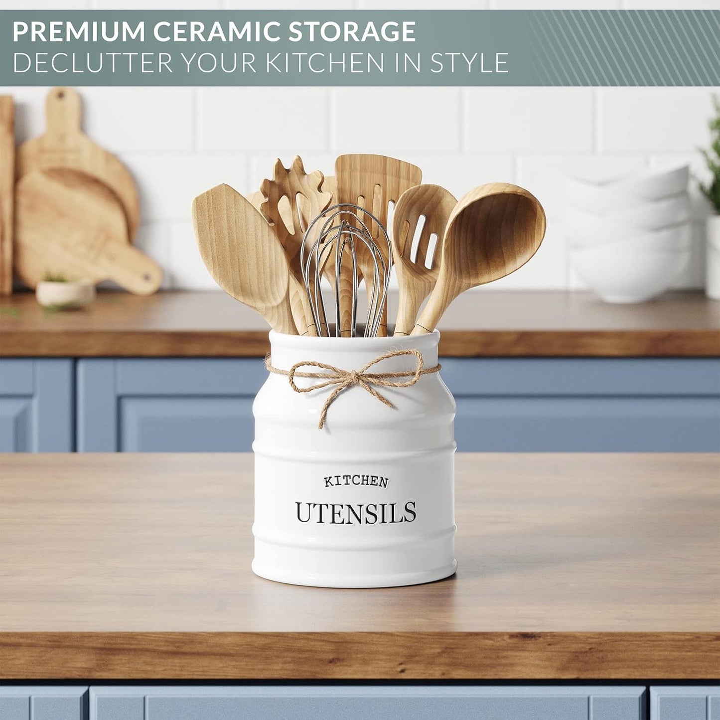 Barnyard Designs Ceramic Farmhouse Utensil Holder for Kitchen Counter, Large Rustic Utensil Crock, Countertop Cooking Tool Spatula Organizer, 6.75” (Taupe)