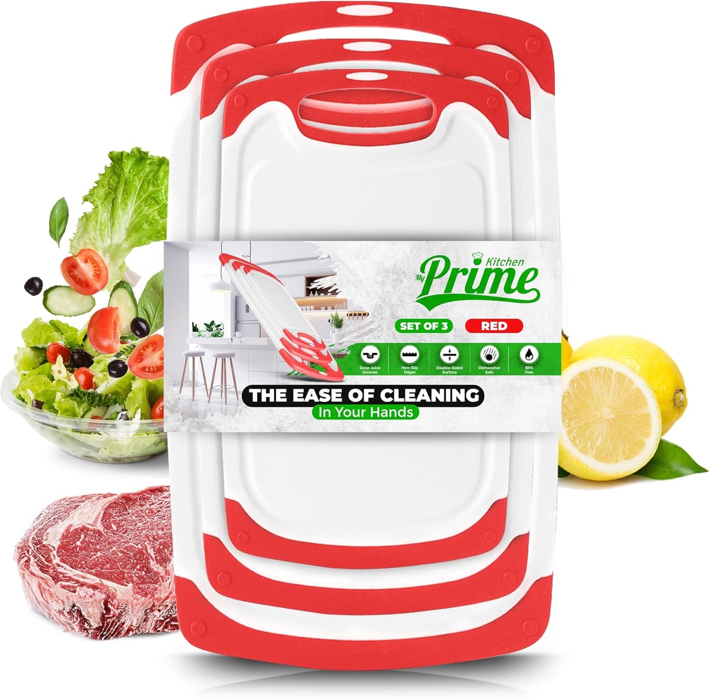 Plastic Cutting Boards for Kitchen, with Grips – Set of 3 Dishwasher-Safe, Non Slip Cutting Board with Juice Groove – Thick, Durable Cutting Boards for Meat and Vegetables by My Prime Kitchen, Red