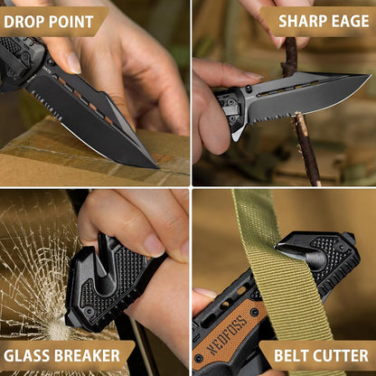NedFoss Pocket Knife DA76, 3-in-1 Pocket Knife for Men Box Cutter, 3.7“ 8Cr14MoV Serrated Blade Folding Hunting Survival Knife with Liner-Lock Seat Belt Cutter & Glass Breaker,Tacical Knife for Camping, Outdoor, Ideal Gifts for Men Women (Serrated Edge)