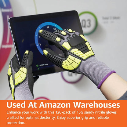 Amazon Basics Safety Work Gloves, Cut Level A1, Abrasion ANSI Level A4, Impact Resistant, Touch Screen Friendly, 15G Sandy Nitrile Palm, Yellow, Size X-Small, Pack of 120 Pairs