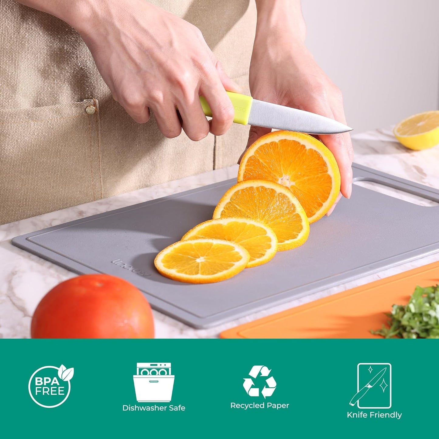 Linoroso Flexible Kitchen Cutting Board - Made from BPA Free Material - Cutting Mark Prevention, 10x14 Inches, Non-Slip Design - Easy-Care Kitchen Essential, Orange