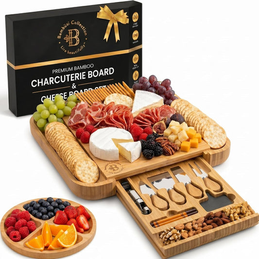 Bambüsi Charcuterie Boards - Large Bamboo Cheese Board Set with Knives for Serving Meat + Cheese Platter - House Warming Gifts for New Home, Wedding, Bridal Shower, Birthday Gifts for Women, Hostess