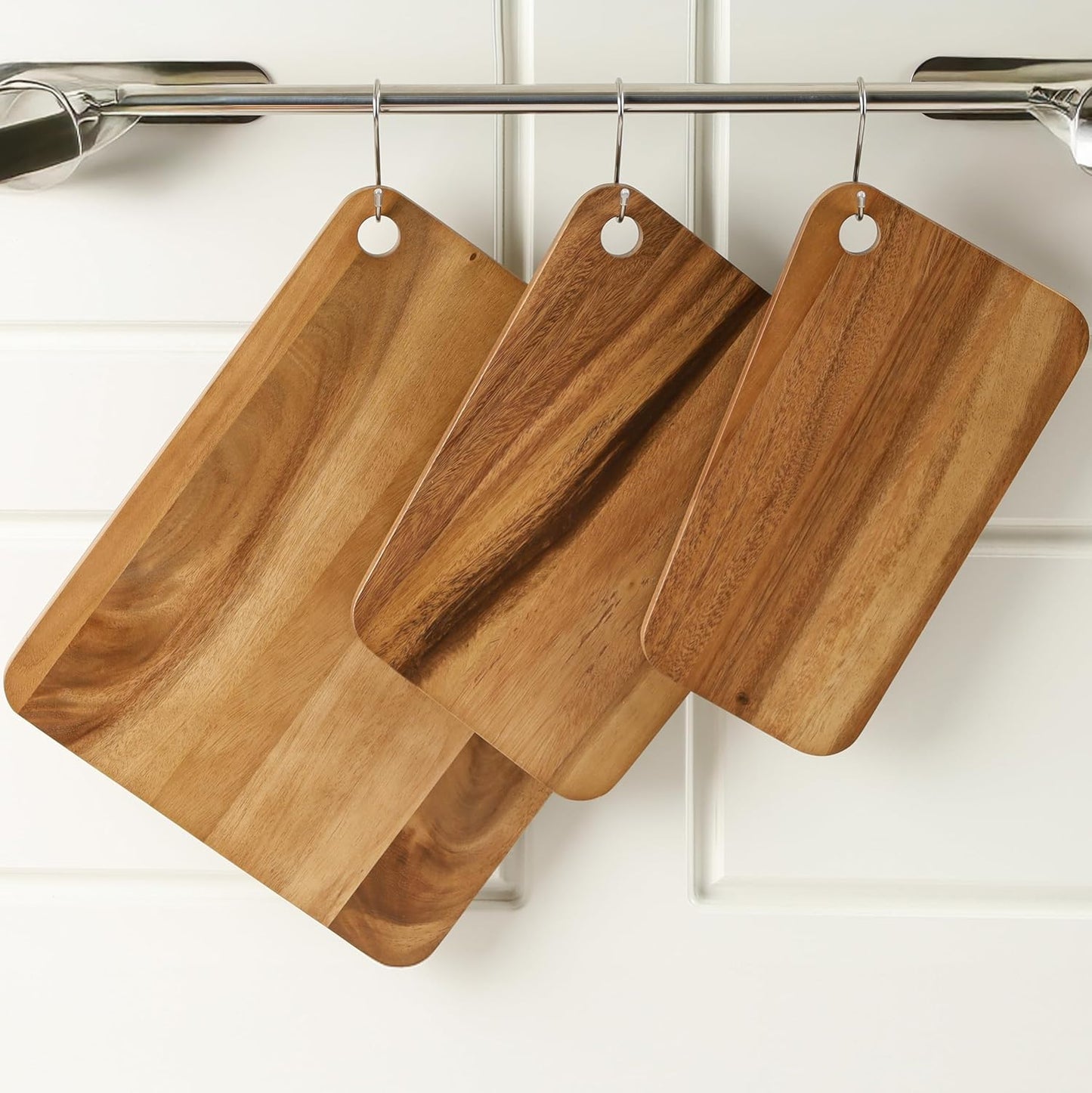 Sango Acacia Cutting Board Set with Juice Grooves and Partitions for Serving, 3-Piece- Wood Chopping Boards, Stackable & Reversible for Kitchen, Non-Toxic, Perfect as Butcher Block Countertop, Atelier