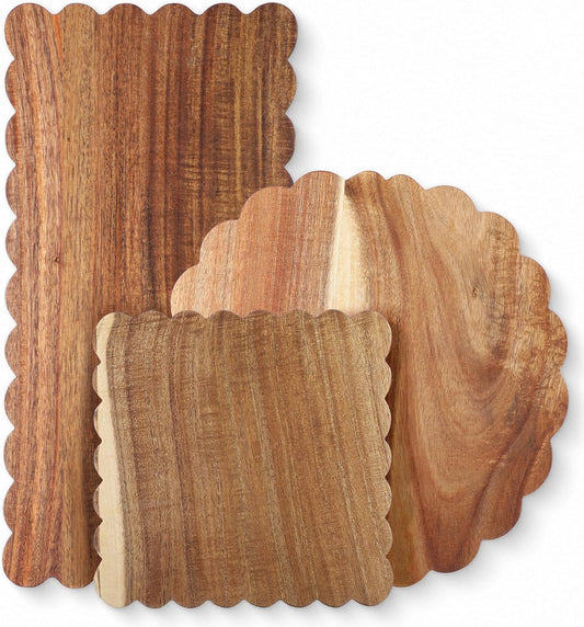 Briwooody 3 Pcs Acacia Wood Scalloped Cutting Boards Set, Thick Wooden Chopping Boards for Kitchen Charcuterie Serving Board for Cheese Meat Bread Decorative Farmhouse Cottage Style