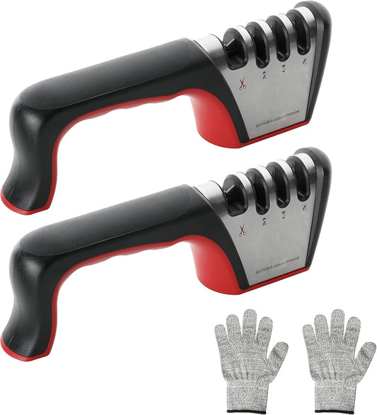 YSSOA 2 Pack 4-in-1 Kitchen Knife Sharpener 4 Stage Knife Scissor Sharpener with a Pair of Cut-Resistant Glove to Repair, Restore, Sharp, Polish Blades