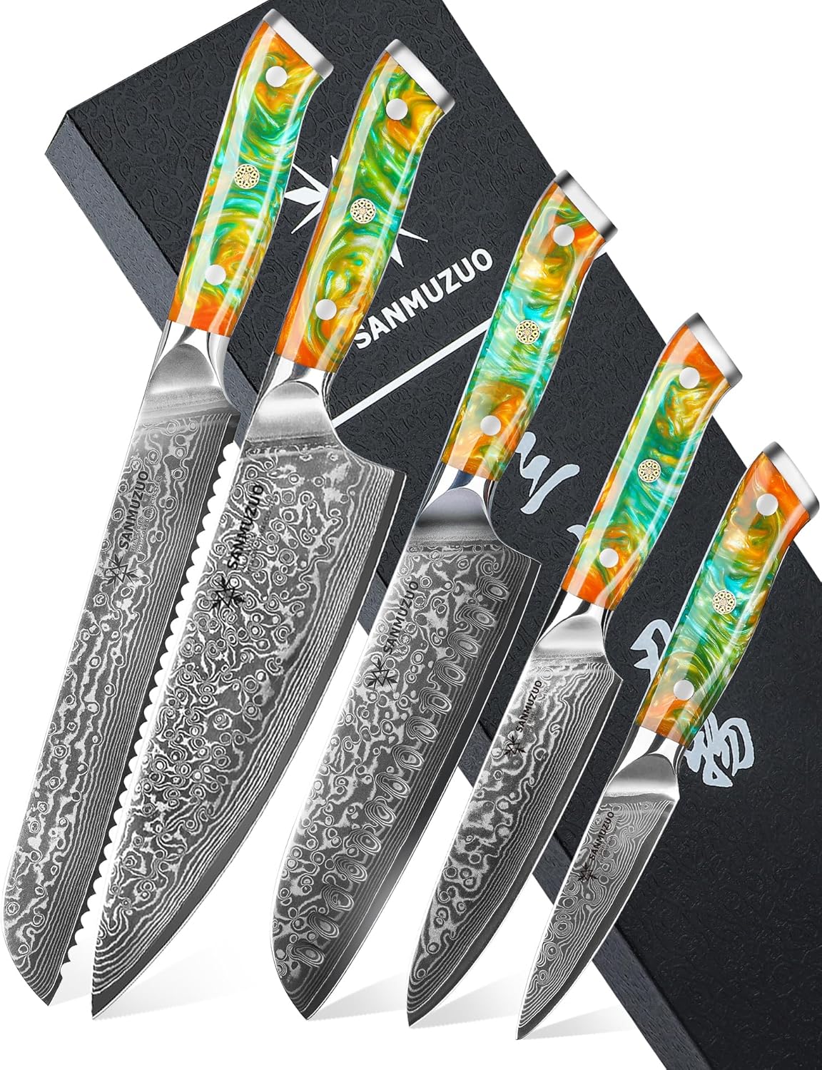 Steak Knives Set of 4, Ultra Sharp Non Serrated Kitchen Steak Knife 5 Inch - Damascus Steel & Resin Handle - Xuan Series (Sapphire Blue)