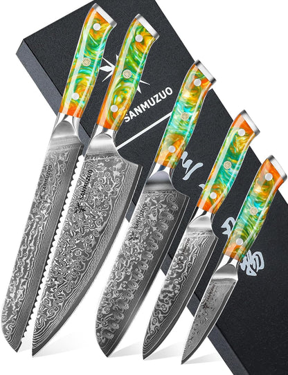 Steak Knives Set of 4, Ultra Sharp Non Serrated Kitchen Steak Knife 5 Inch - Damascus Steel & Resin Handle - Xuan Series (Sapphire Blue)