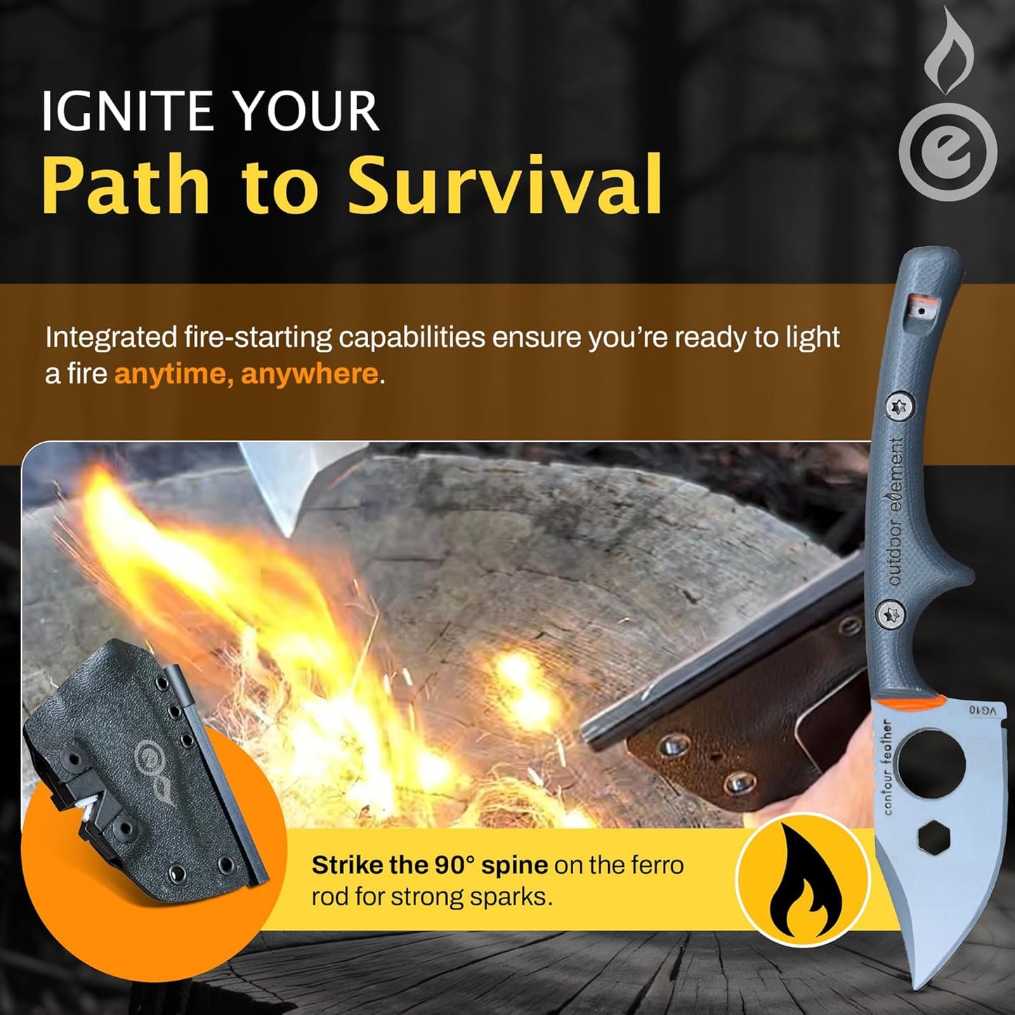 Scout Feather Glow - Fixed Blade Survival Knife with built-in Firestarter for Camping, Hunting, Outdoor Adventure and Culinary Need - VG10 Blade, Whistle, Knife Sharpener, Compact Sheath & G10 Handle