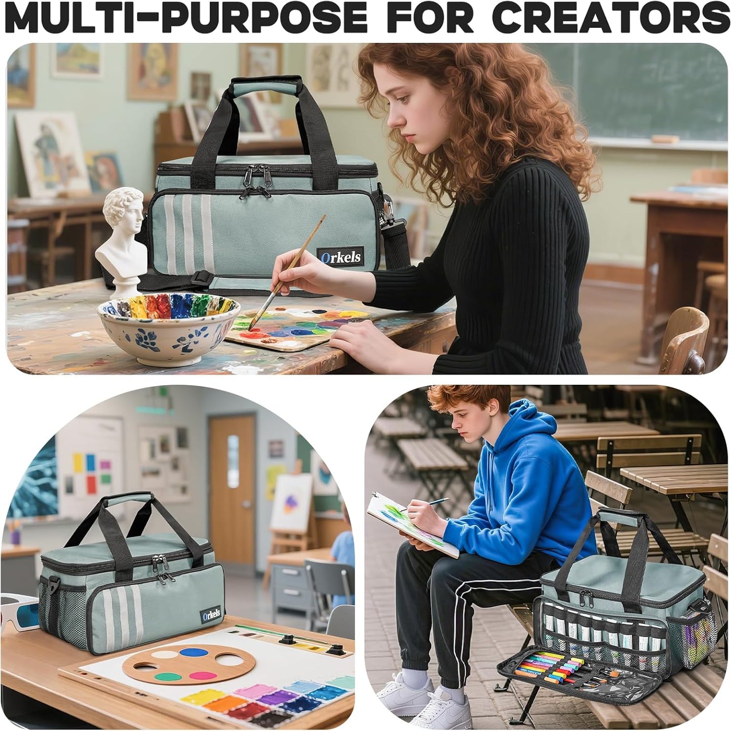 ORKELS Craft Paint and Marker Organizer, Acrylic Paint Storage Bag with Brush and Bottle Holders, Large Marker Carrying Case for Artists (Purple)
